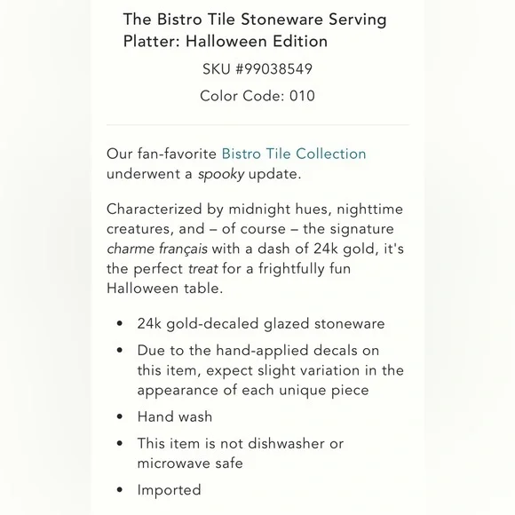 Anthropologie The Bistro Tile Stoneware Serving Platter: Halloween Edition
